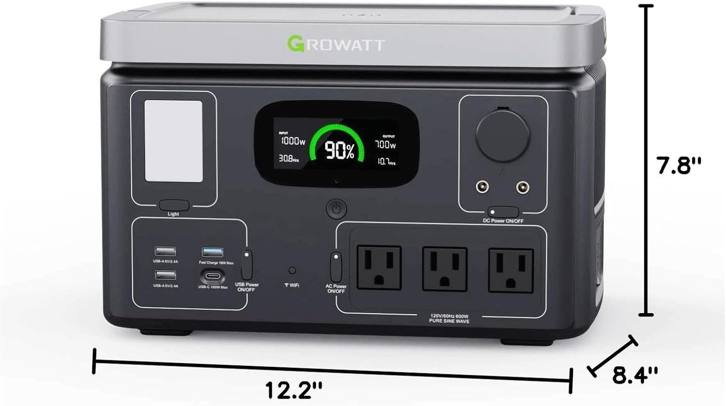 GROWATT Portable Power Station, VITA550 Electric Generator Outdoor with 538Wh Lifepo4 Battery,1 Hour Fast Charging, 600W (1200W Surge) Output for Camping,Rvs,Home Use