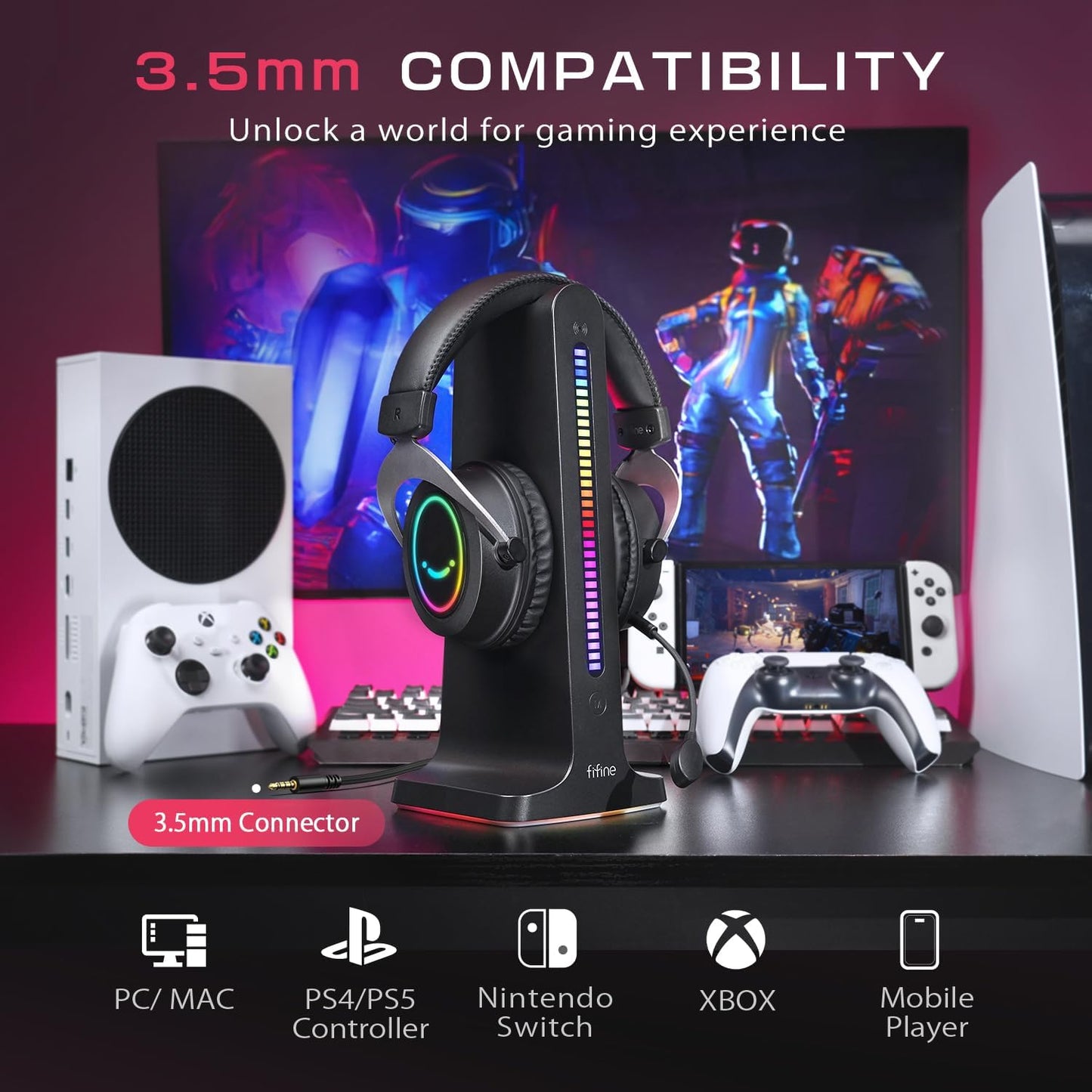 FIFINE RGB Gaming Headsets,Comfortable Over-Ear Headphones with Microphone,Wired Audio Jack Connection,Leather Passive-Noise-Cancelling Earcups,For PC PS4 PS5 Xbox Gamer Ampligame H3