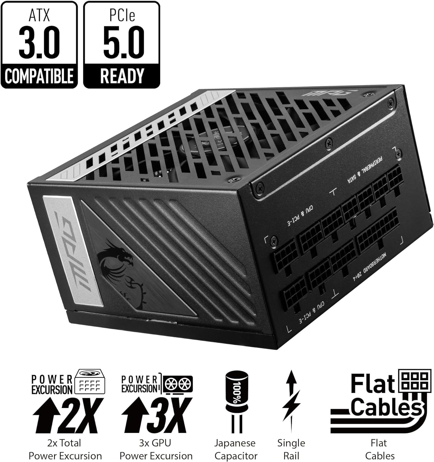 MSI MPG A1000G PCIE 5 & ATX 3.0 Gaming Power Supply - Full Modular - 80 plus Gold Certified 1000W - 100% Japanese 105°C Capacitors - Compact Size - ATX PSU