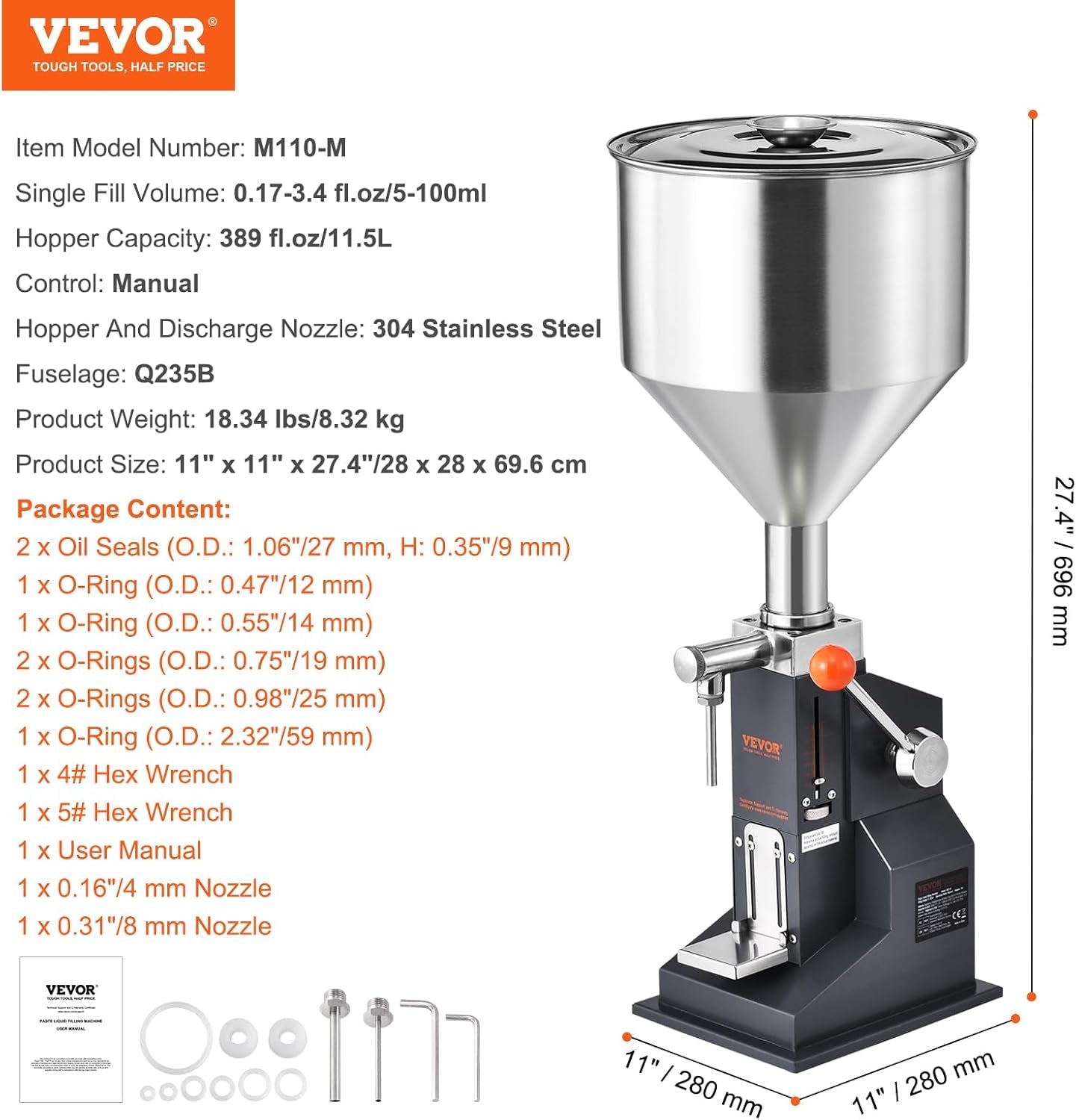 VEVOR Manual Paste Liquid Filling Machine, 5-100Ml Adjustable Bottle Filling Machine, Stainless Steel Liquid Filler with 11.5L Hopper for Milk Water Juice Essential Oil Shampoo Cosmetic Honey