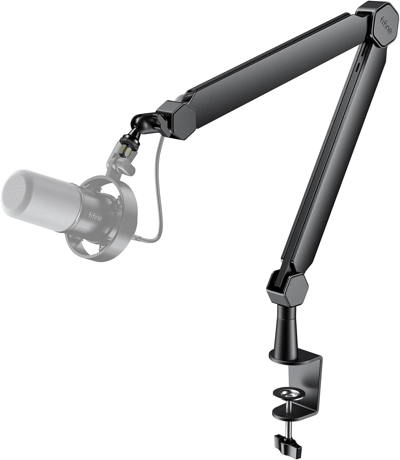 FIFINE Mic Arm Stand, Microphone Boom Arm with Desk Clamp, Cable Channels, 3/8" to 5/8" Threads, Heavy Metal Microphone Stand for Podcast, Vocal Recording, Gaming-Bm66 Black