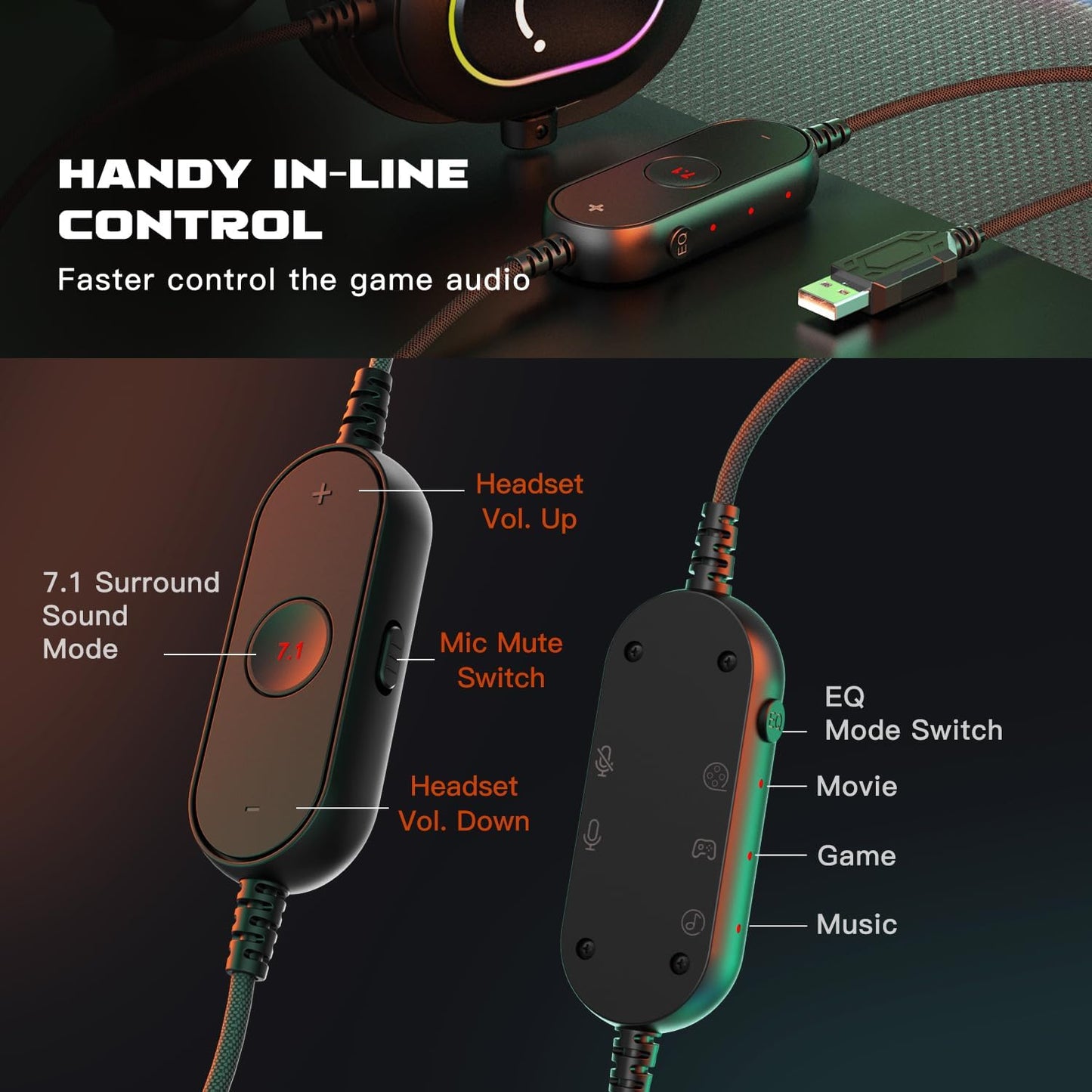 FIFINE Gaming Headset for Pc-Wired Headphones with Microphone-7.1 Surround Sound Computer USB Headset for Laptop, Streaming Headphones on PS4/PS5, with EQ Mode, RGB, Soft Ear Pads - Ampligame H6
