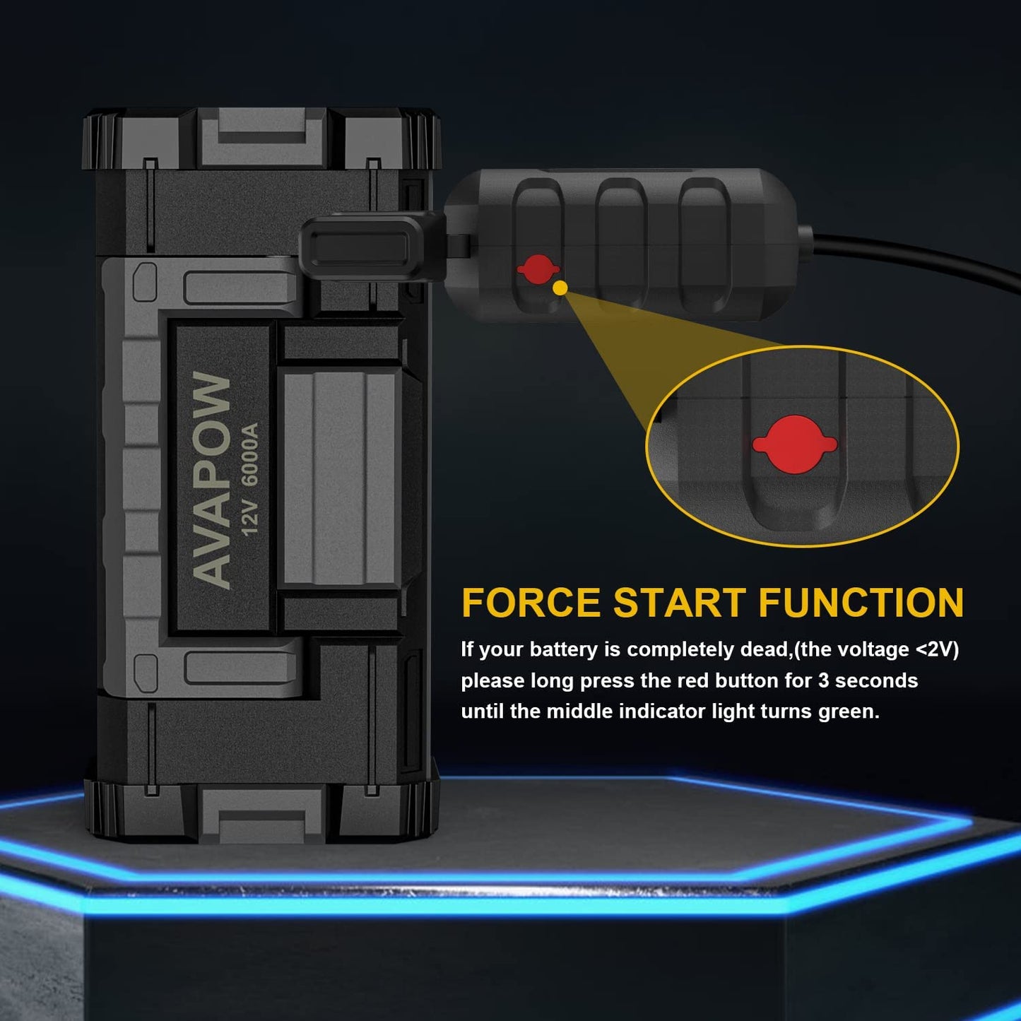 AVAPOW 6000A Car Battery Jump Starter(For All Gas or up to 12L Diesel) Powerful Car Jump Starter with Dual USB Quick Charge and DC Output,12V Jump Pack with Built-In LED Bright Light