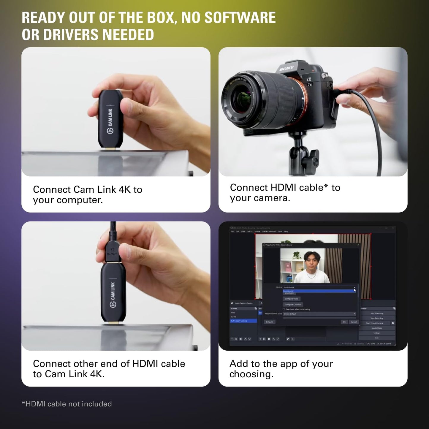 Elgato Cam Link 4K – External Capture Card for DSLR & Camcorder, Actioncam as Webcam, Meet/Stream/Record in 1080P60 or 4K30/4K60, Easy Connect for Obs/Zoom/Discord – HDMI to USB 3.0, Pc/Mac/Ipad