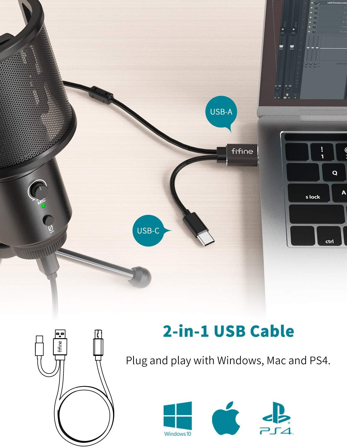 FIFINE USB Desktop PC Microphone with Pop Filter for Computer and Mac, Studio Condenser Mic with Gain Knob Mute Button Headphone Jack for Gaming Streaming Recording Youtube, Extra USB-C Plug-K683A
