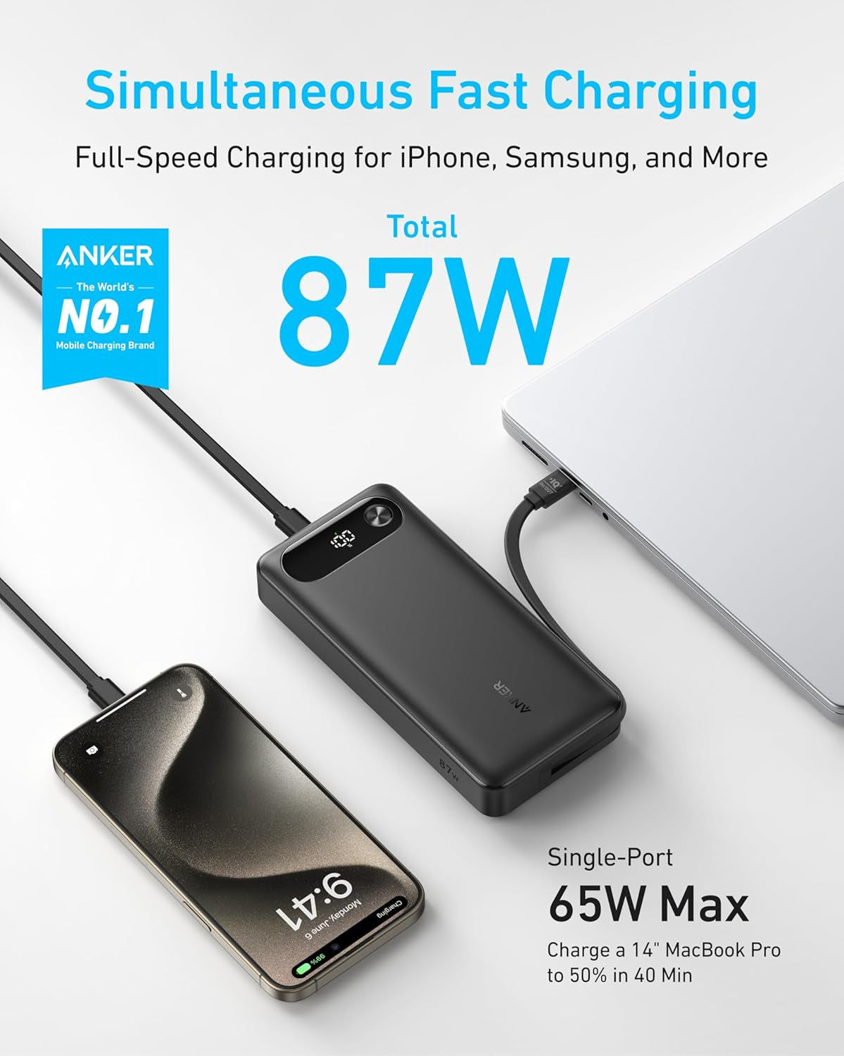 Anker Power Bank, 20,000Mah Portable Charger with Built-In USB-C Cable, 87W Max Fast Charging Battery, 2 USB-C and 1 USB-A, for Macbook, Iphone 16/15/14 Series, Samsung, Switch, and More