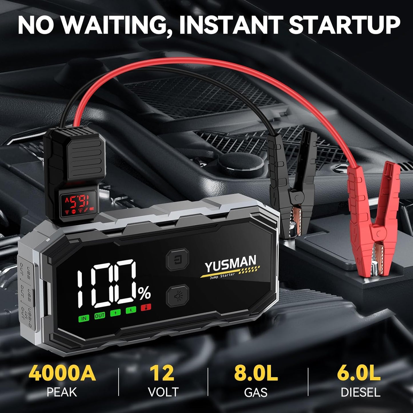 Car Jump Starter, 4000A 12V Jump Starter Battery Pack (8.0 Gas/6.0L Diesel), Safe Car Jumper Box with Display, Car Jump Starter with Extended Smart Jumper Cables, Quick Charge 3.0, LED Light