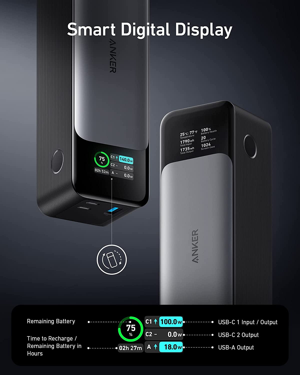 Anker 737 Power Bank, 24,000Mah 3-Port Laptop Portable Charger with 140W Output, Smart Digital Display, Compatible with Iphone 16/15/14/13 Series, Vision Pro, Samsung, Macbook, Dell, Airpods, and More