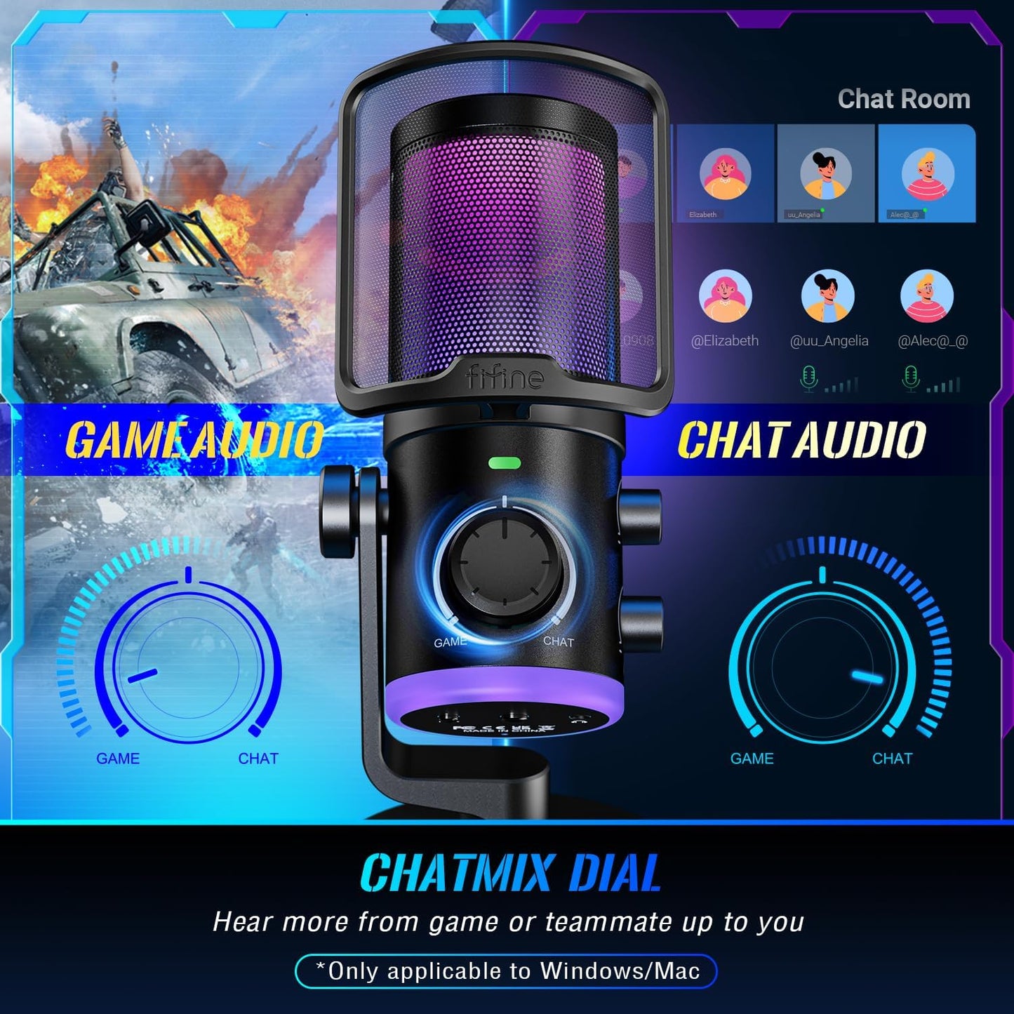 FIFINE Gaming PC Microphone, USB Streaming Microphone with Game Chat Balance, Computer Condenser Desktop RGB Mic with Mute Button, Noise Cancellation for Podcast/Twitch/Discord-Ampligame AM6