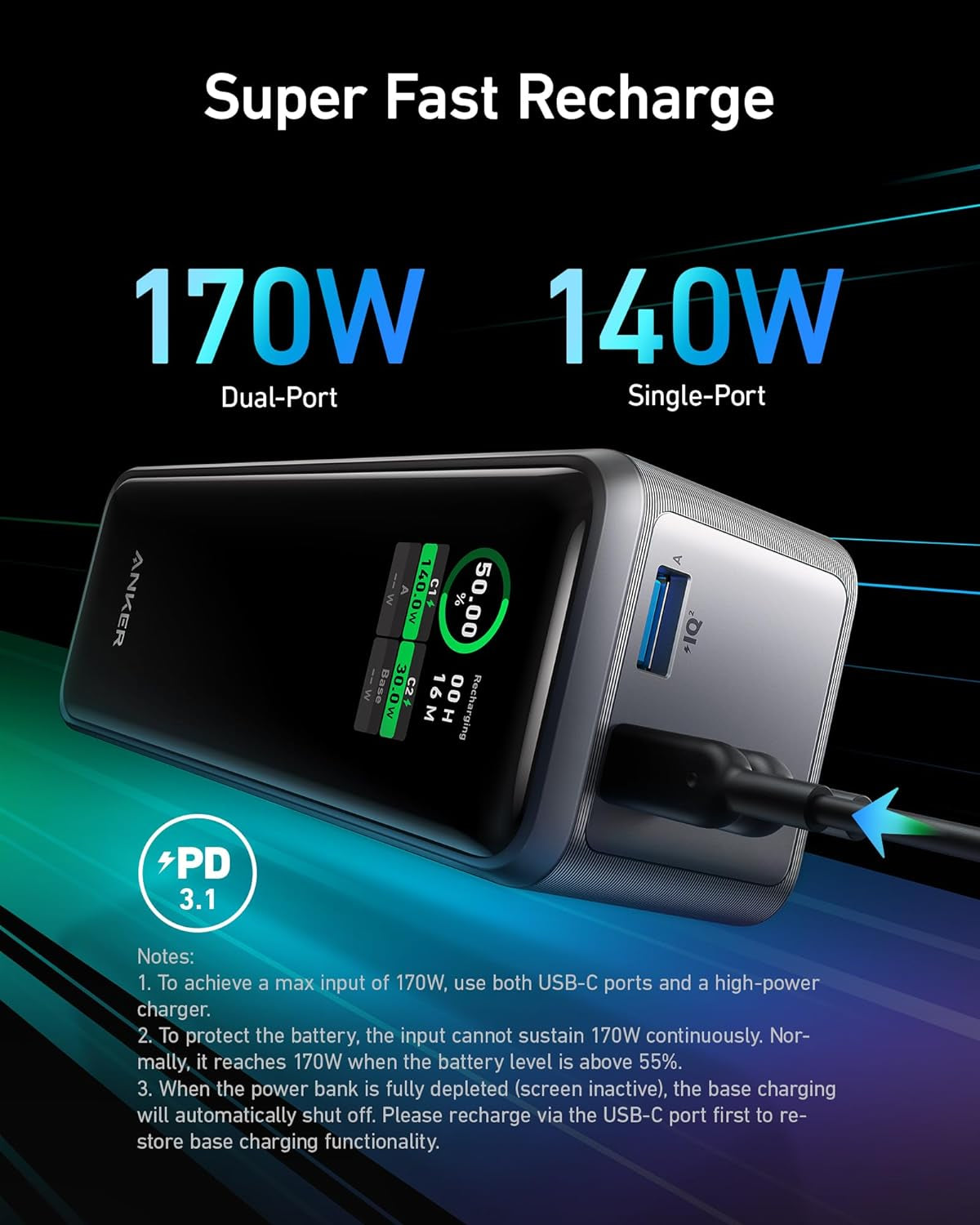 Anker Prime Power Bank, 27,650Mah 3-Port 250W Portable Charger (99.54Wh) Smart App, Compatible with Macbook Pro/Air, Iphone 16/15/14/13 Series, Samsung, Dell, and More (Charging Base Not Included)
