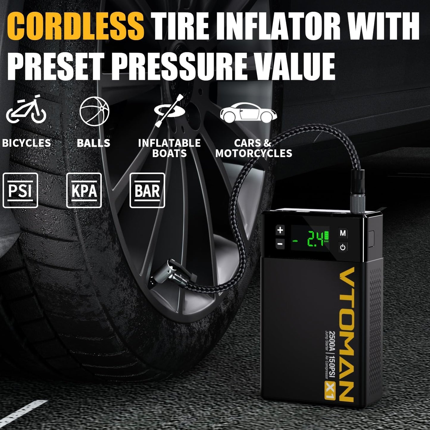 VTOMAN X1 Jump Starter with Air Compressor, 2500A Portable Battery Booster (Up to 8.5L Gas/6L Diesel Engines) with 150PSI Digital Tire Inflator, 12V Power Pack Car Jump Box Charger with LCD Display