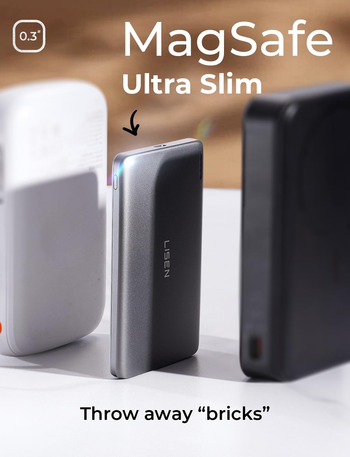 ~? LISEN 0.3 Ultra Slim MagSafe Cargador Portatil iPhone,Aleacion 5,000mAh Telefono con Tarjeta de Carga Inalambrica