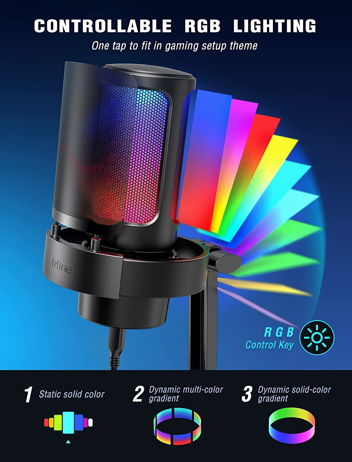 FIFINE Gaming Microphone, USB PC Mic for Streaming, Podcasts, Recording, Condenser Computer Desktop Mic on Mac, with RGB Control, Mute Touch, Headphone Jack, Pop Filter, Stand-Ampligame A8