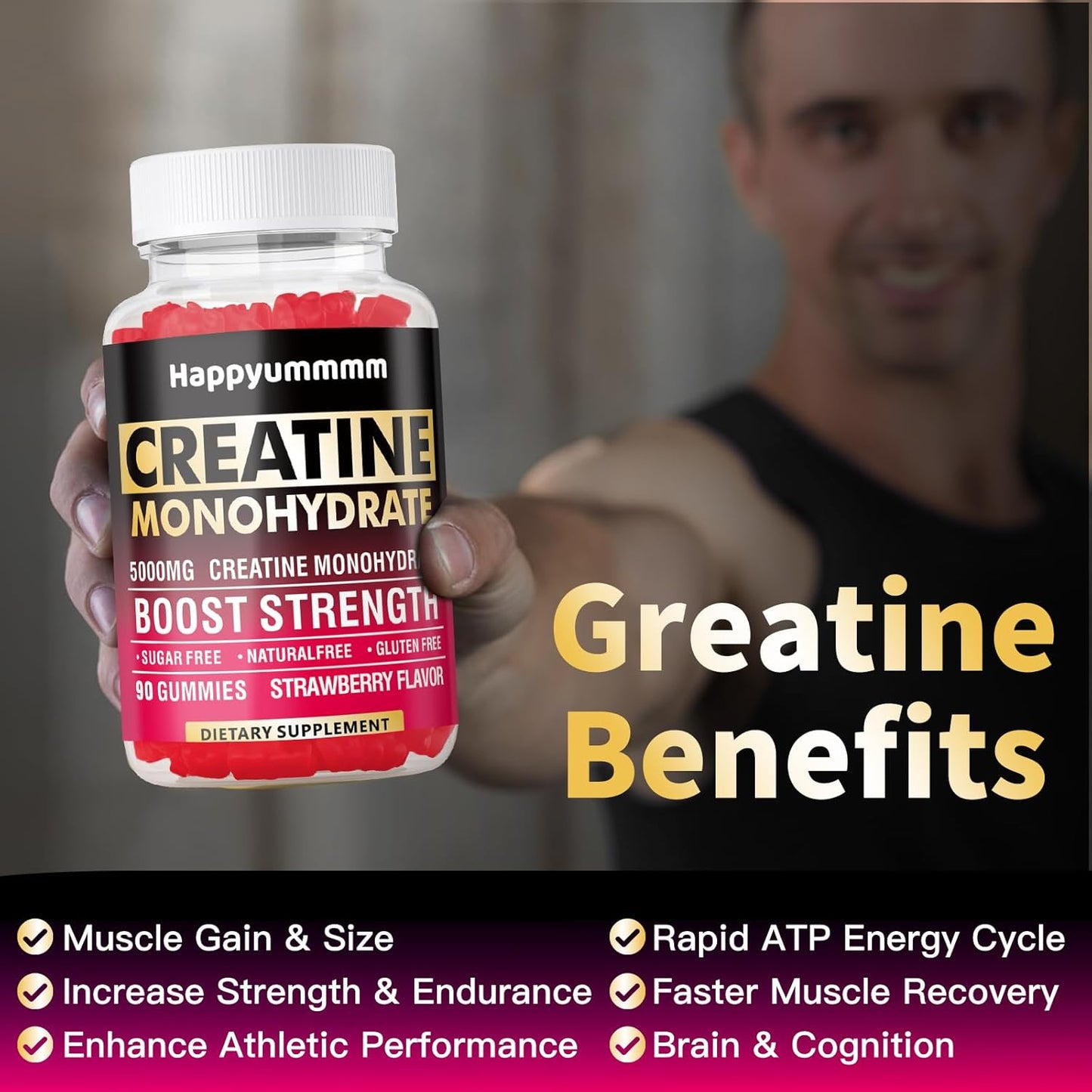 Gomitas de Creatina Monohidratada 5000 mg para Hombres y Mujeres – 90 Unidades Sabor Fresa