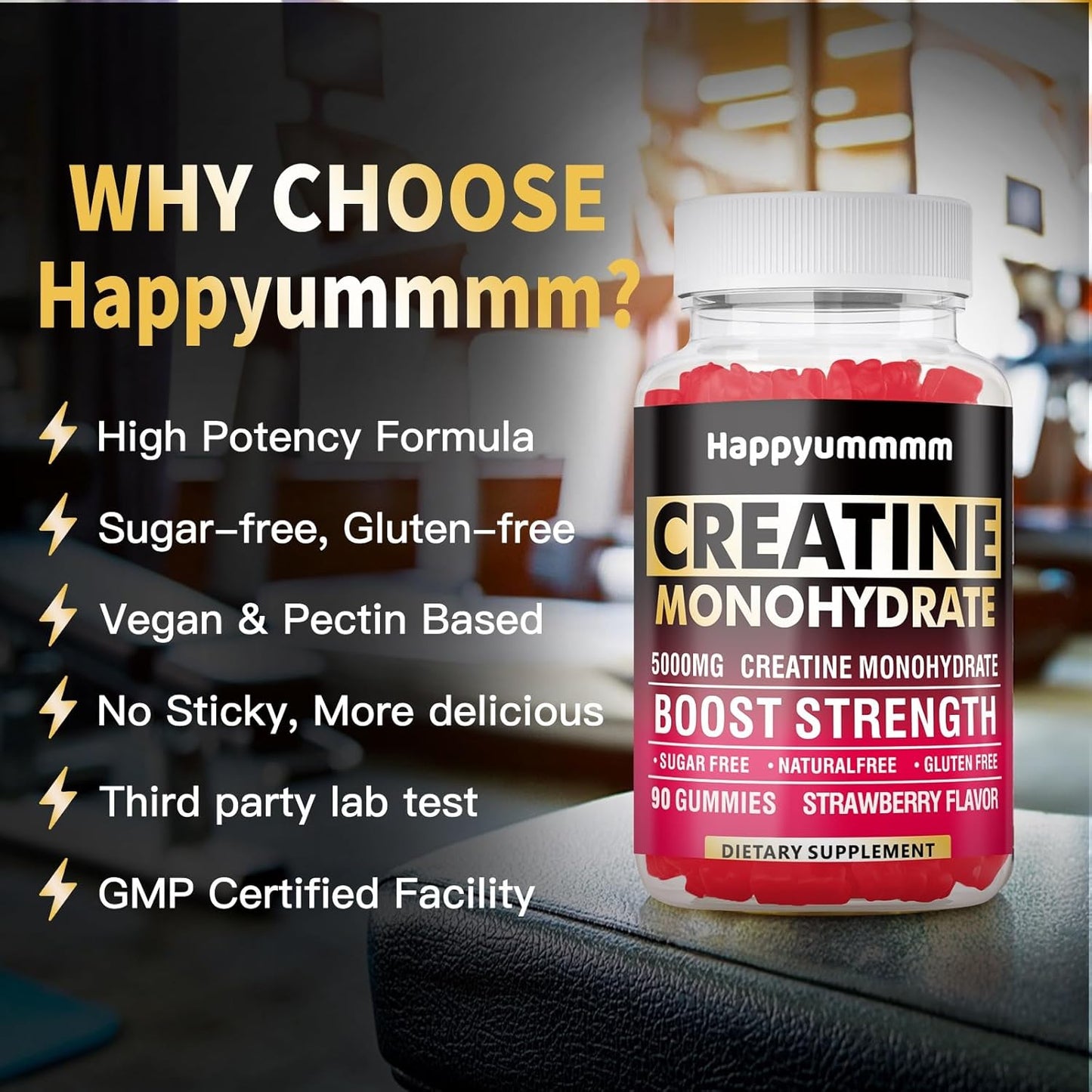 Gomitas de Creatina Monohidratada 5000 mg para Hombres y Mujeres – 90 Unidades Sabor Fresa