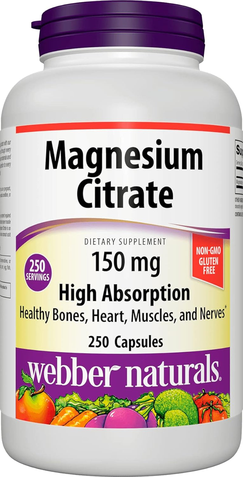 Webber Naturals Magnesium Citrate, 150 Mg Magnesium Citrate per Capsule, 250 Capsules, High Absorption, Helps Support Bones, Teeth and Proper Muscle & Heart Function, Non-Gmo, Gluten & Diary Free