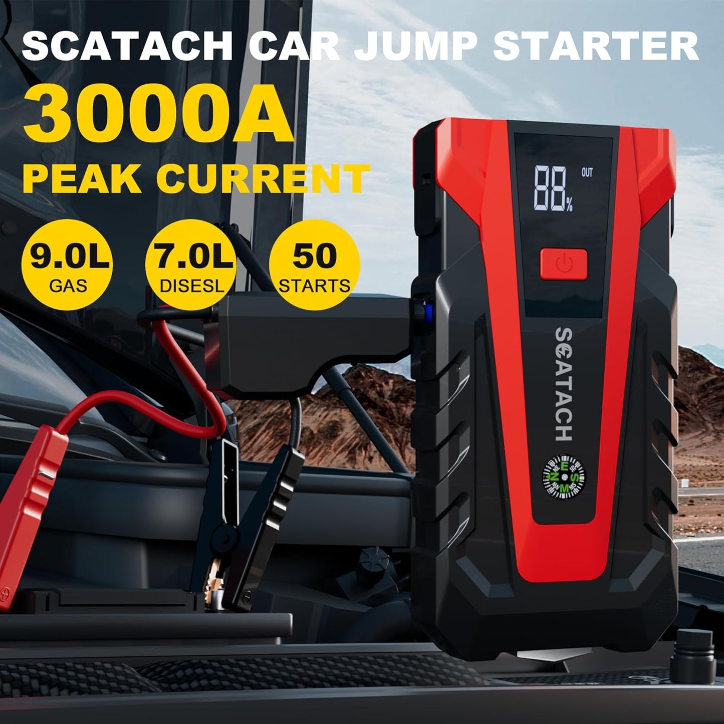 Scatach 011 3000A Car Battery Jump Starter,12V Jump Starter Battery Pack (Up to 9.0L Gasoline and 7.0L Diesel Engine), Portable Jump Box with 3 Modes Flashlight and Jumper Cable