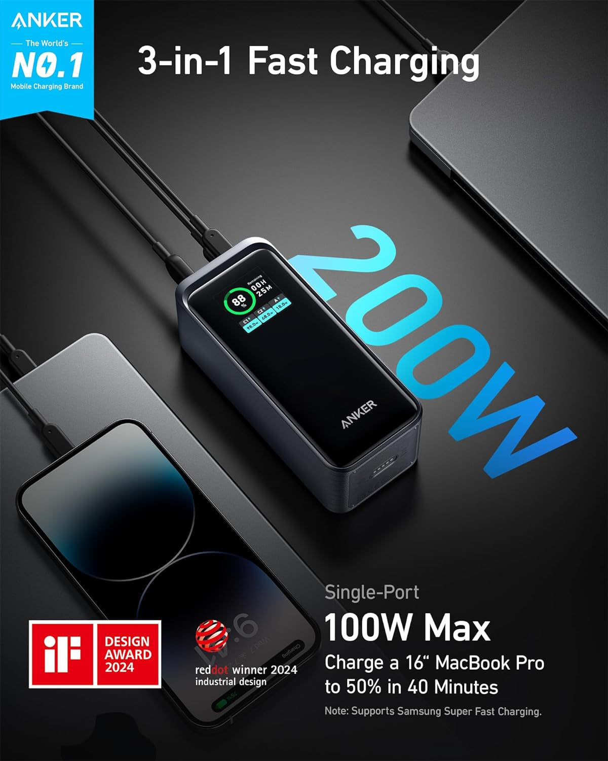 Anker Prime Power Bank, 20,000Mah Portable Charger with 200W Output, Smart Digital Display, 2 USB-C and 1 USB-A Port Compatible with Iphone 16/15/14/13 Series, Samsung, Macbook, Dell, and More