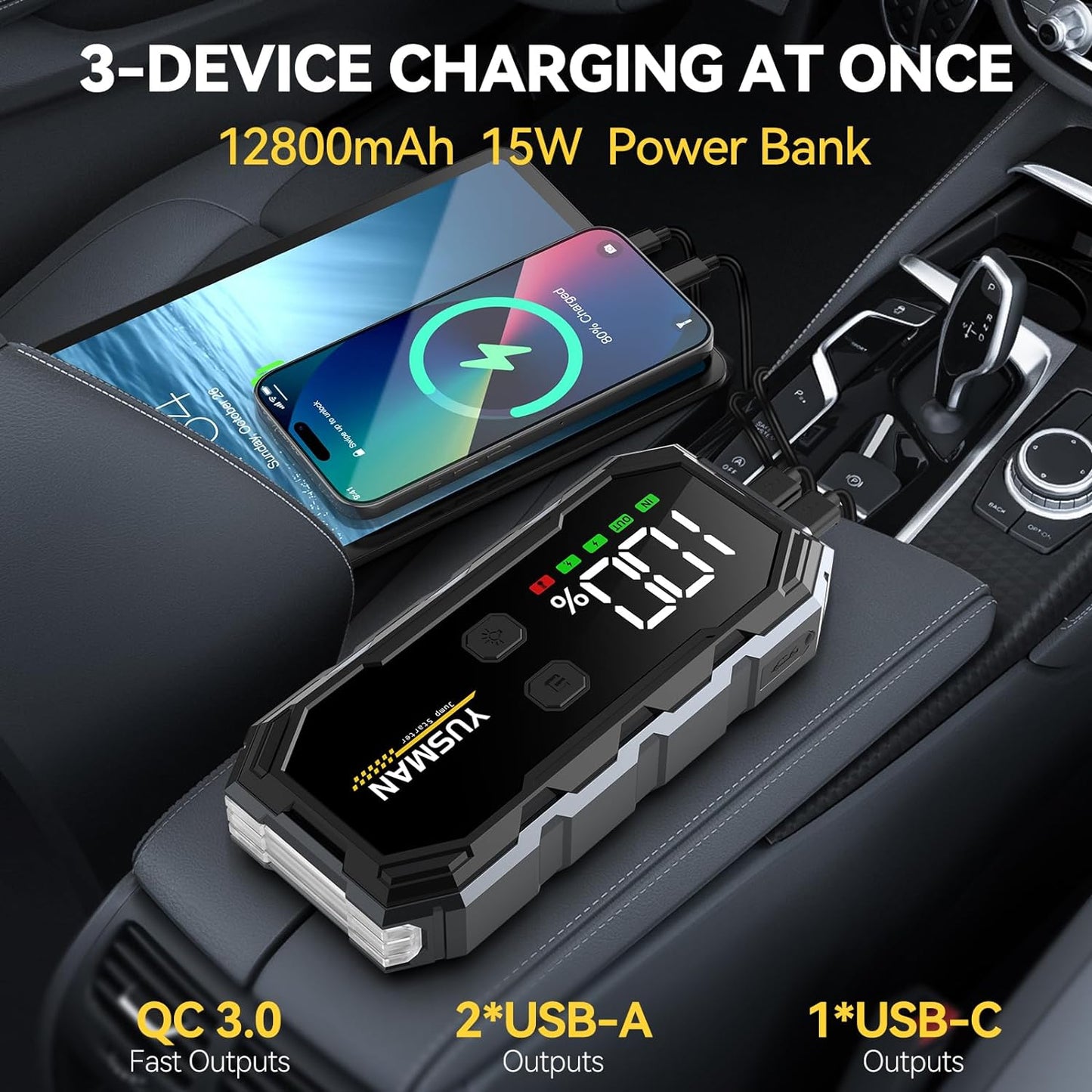 Car Jump Starter, 4000A 12V Jump Starter Battery Pack (8.0 Gas/6.0L Diesel), Safe Car Jumper Box with Display, Car Jump Starter with Extended Smart Jumper Cables, Quick Charge 3.0, LED Light