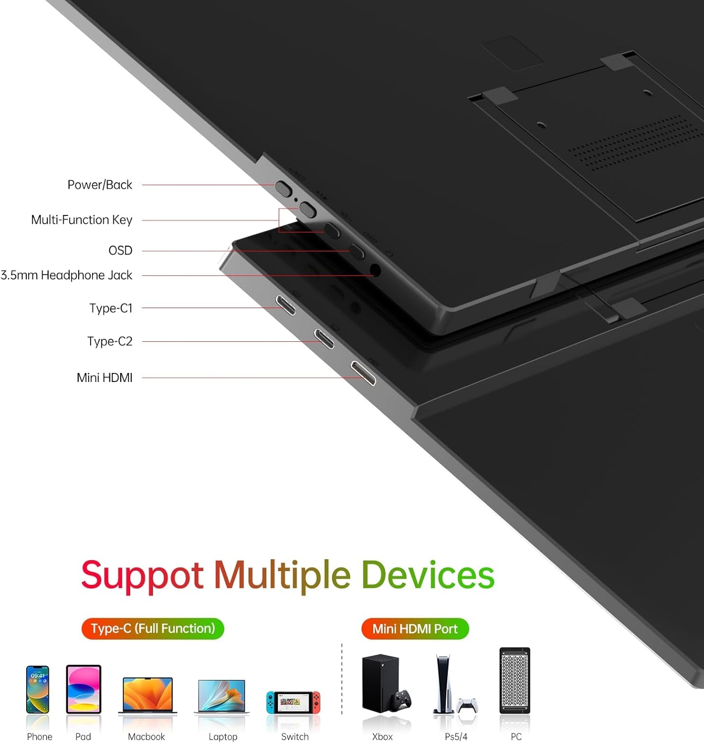Yxk Portable Monitor 15.6 Inch 1080P USB-C HDMI Ultra-Slim Travel Monitor with Kickstand, for Laptop, PC, Mac Phone, PS, Xbox, Swich IPS Ultra-Thin Zero Frame Gaming Monitor