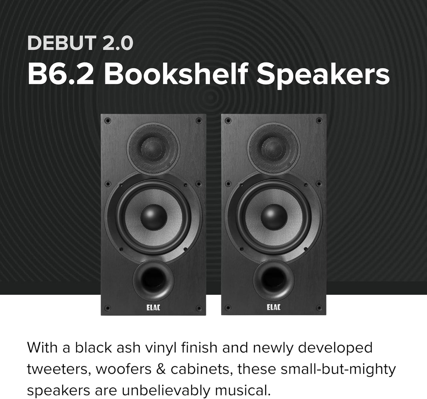ELAC Debut 2.0 B6.2 Bookshelf Speakers, Black (Pair) - 1” Cloth Dome Tweeter & 6.5” Aramid Fiber Woofer - 2-Way Bass Reflex - up to 35,000 Hz Response