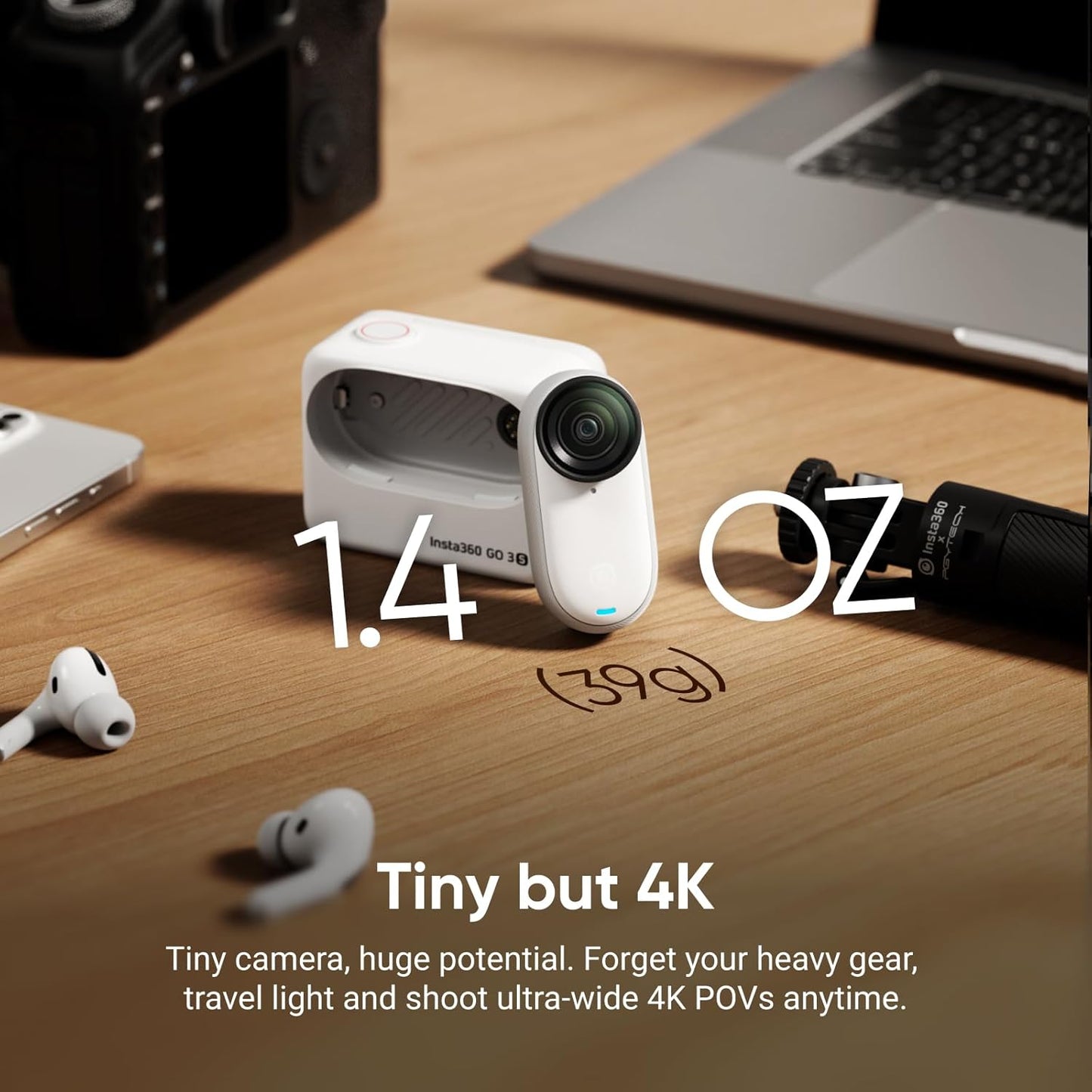 Insta360 GO 3S - 128 GB White 4K Tiny Portable Vlogging Camera, Hands-Free Povs, Mount Anywhere, Stabilization, 140 Min Battery Life, 10M Waterproof, Apple Find My, Pet POV