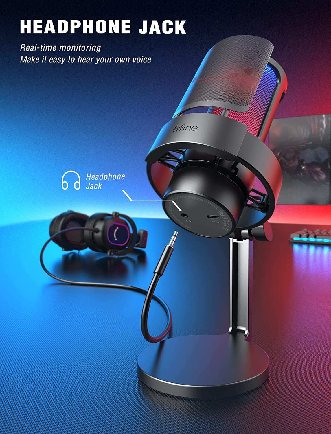 FIFINE Gaming Microphone, USB PC Mic for Streaming, Podcasts, Recording, Condenser Computer Desktop Mic on Mac, with RGB Control, Mute Touch, Headphone Jack, Pop Filter, Stand-Ampligame A8