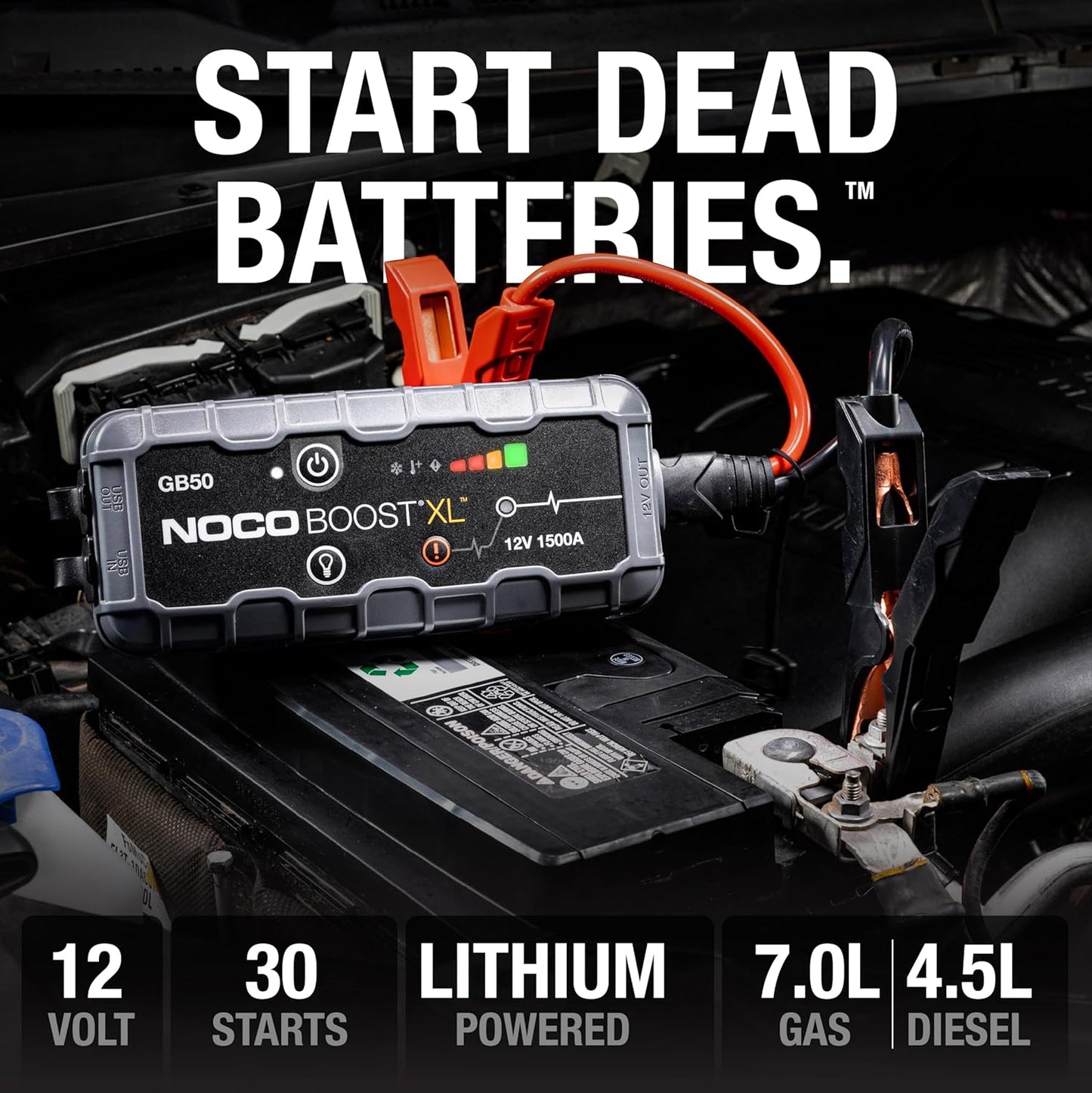 NOCO Boost XL GB50 1500 Amp 12-Volt Ultrasafe Lithium Jump Starter Box, Car Battery Booster Pack, Portable Power Bank Charger, and Jumper Cables for up to 7-Liter Gasoline and 4-Liter Diesel Engines
