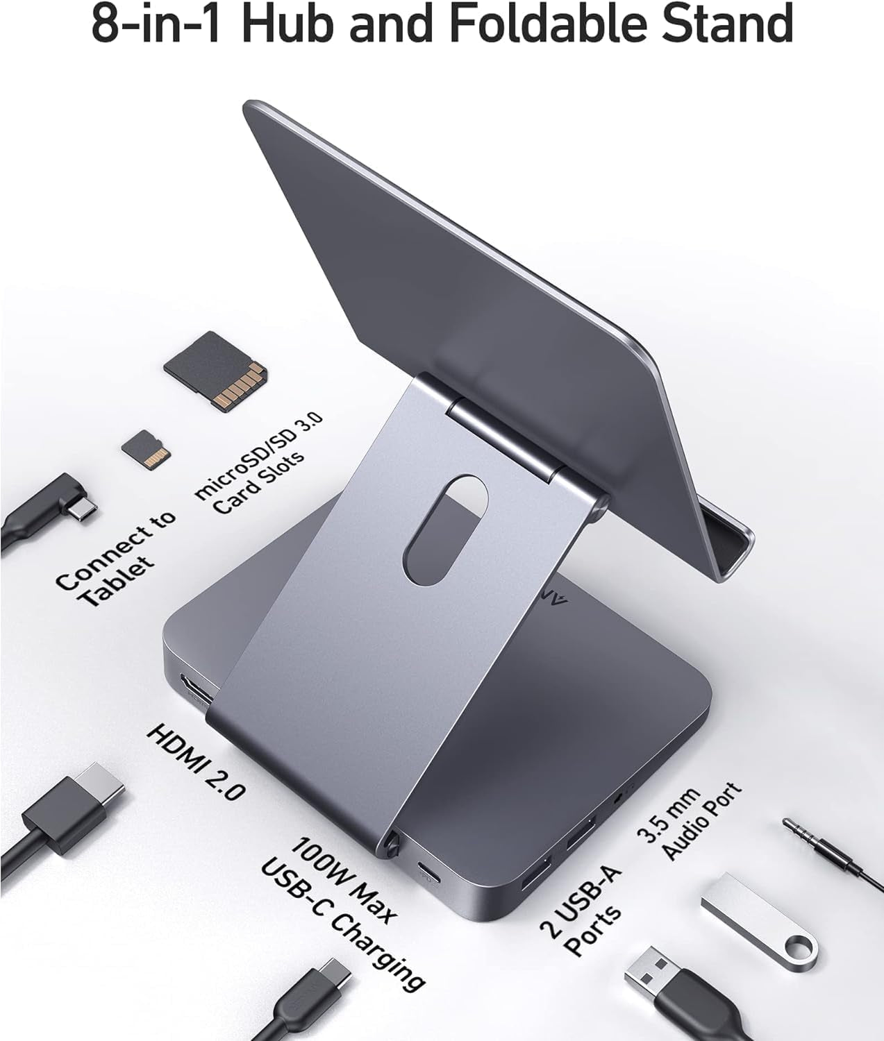 Anker , 551 USB-C Hub (8-In-1), with Foldable Tablet Stand, Dock, 4K HDMI, 2 USB-A Data Ports, for Ipad Pro 5Th Gen / Ipad Air 5Th Gen/Ipad Mini 6Th and Later (Silver)