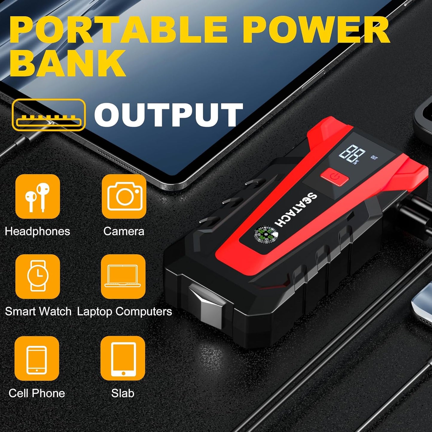 Scatach 011 3000A Car Battery Jump Starter,12V Jump Starter Battery Pack (Up to 9.0L Gasoline and 7.0L Diesel Engine), Portable Jump Box with 3 Modes Flashlight and Jumper Cable