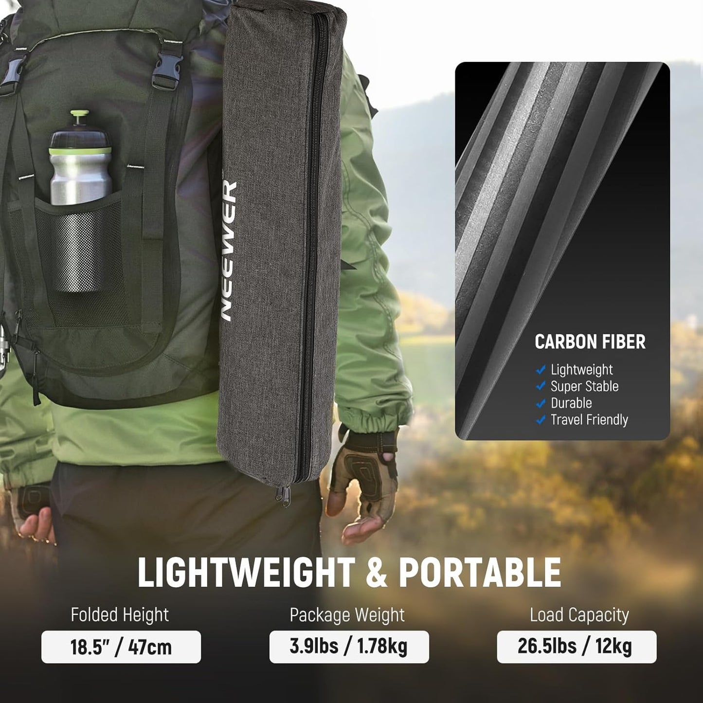 NEEWER 66"/168Cm Carbon Fiber Tripod for Camera with 360° Panorama Ball Head, 1/4" Arca QR Plate, Portable Bag, Compact Travel Tripod Monopod for DSLR Video Camcorder, Max Load 26.5Lb/12Kg, N55C