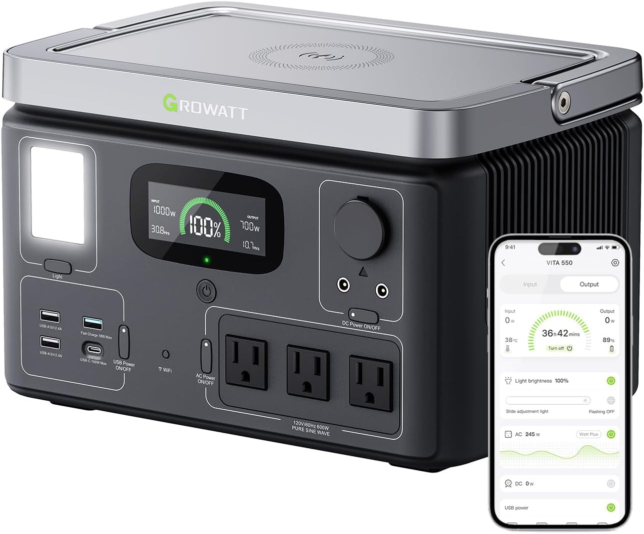 GROWATT Portable Power Station, VITA550 Electric Generator Outdoor with 538Wh Lifepo4 Battery,1 Hour Fast Charging, 600W (1200W Surge) Output for Camping,Rvs,Home Use