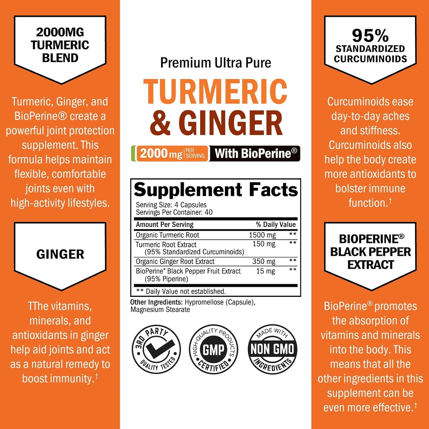 Turmeric and Ginger Supplement with Bioperine - 2000Mg High Absorption, 95% Curcuminoids - Non-Gmo, Gluten-Free Turmeric Supplement for Joint and Immune Support - 160 Capsules