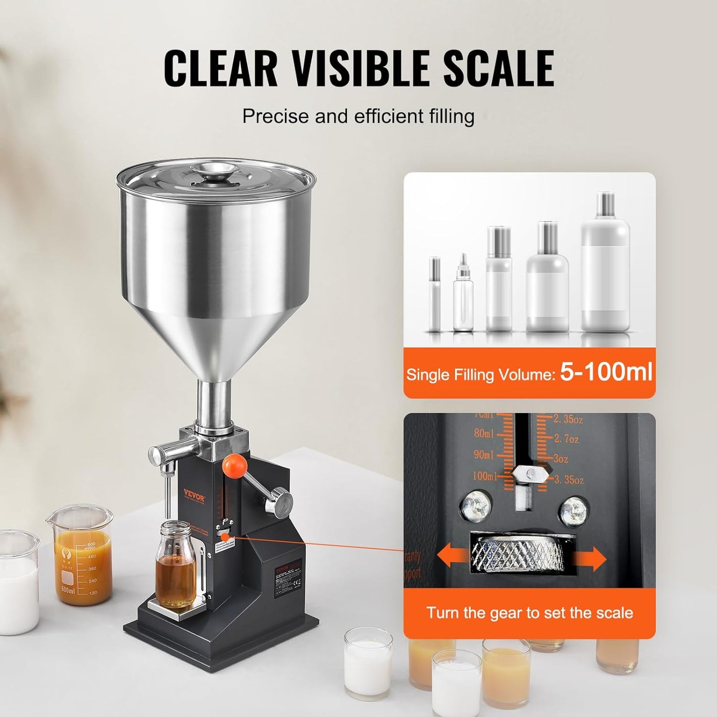 VEVOR Manual Paste Liquid Filling Machine, 5-100Ml Adjustable Bottle Filling Machine, Stainless Steel Liquid Filler with 11.5L Hopper for Milk Water Juice Essential Oil Shampoo Cosmetic Honey