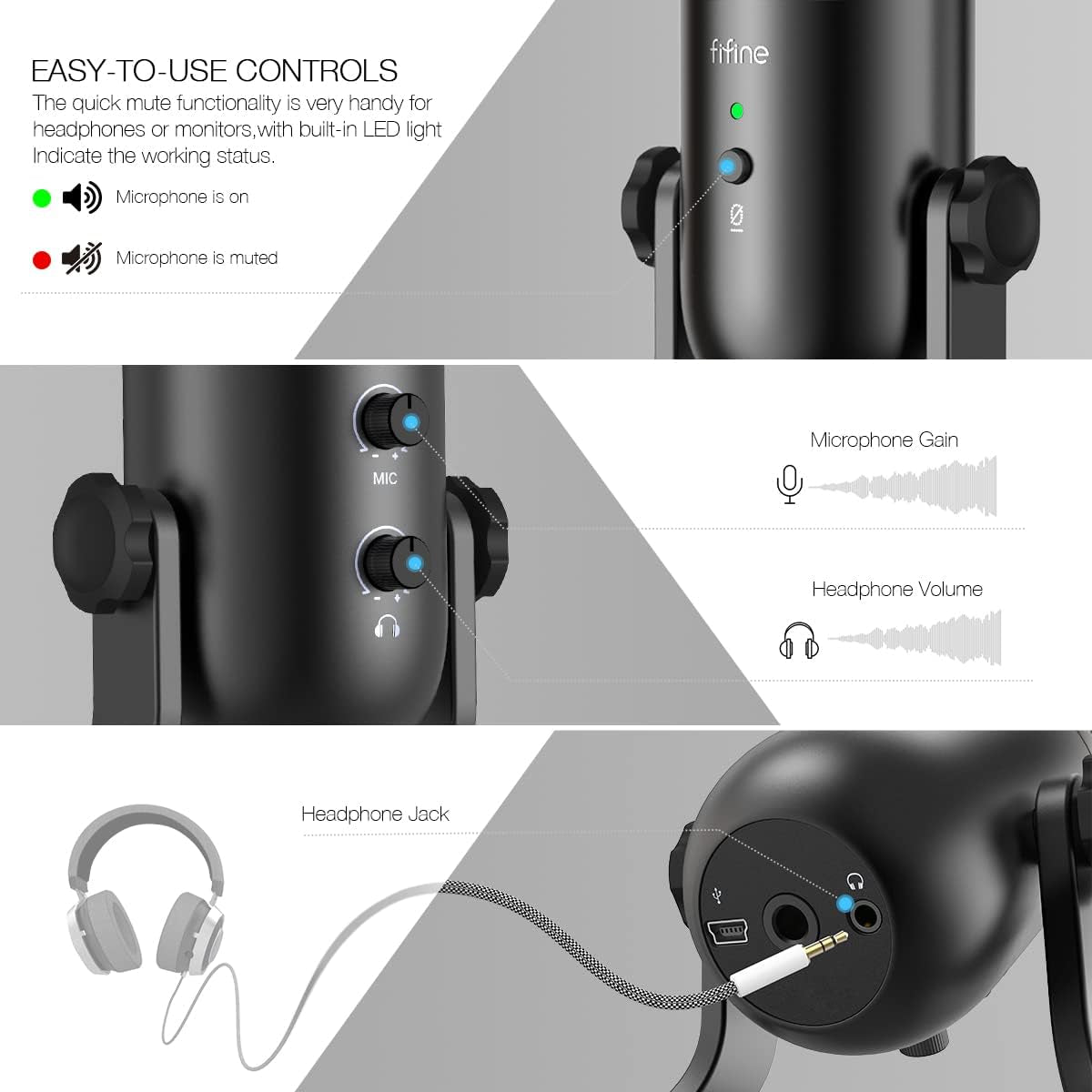 FIFINE USB Podcast Microphone for Recording Streaming, Condenser Computer Gaming Mic for PC Mac, Headphone Output&Volume Control, Mic Gain Control, Mute Button for Vocal, Youtube (K678)