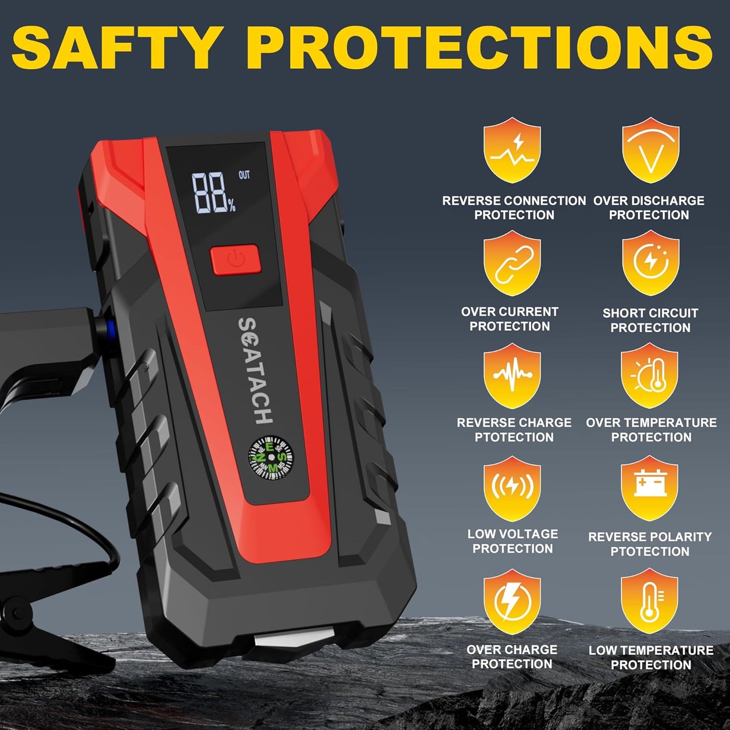 Scatach 011 3000A Car Battery Jump Starter,12V Jump Starter Battery Pack (Up to 9.0L Gasoline and 7.0L Diesel Engine), Portable Jump Box with 3 Modes Flashlight and Jumper Cable
