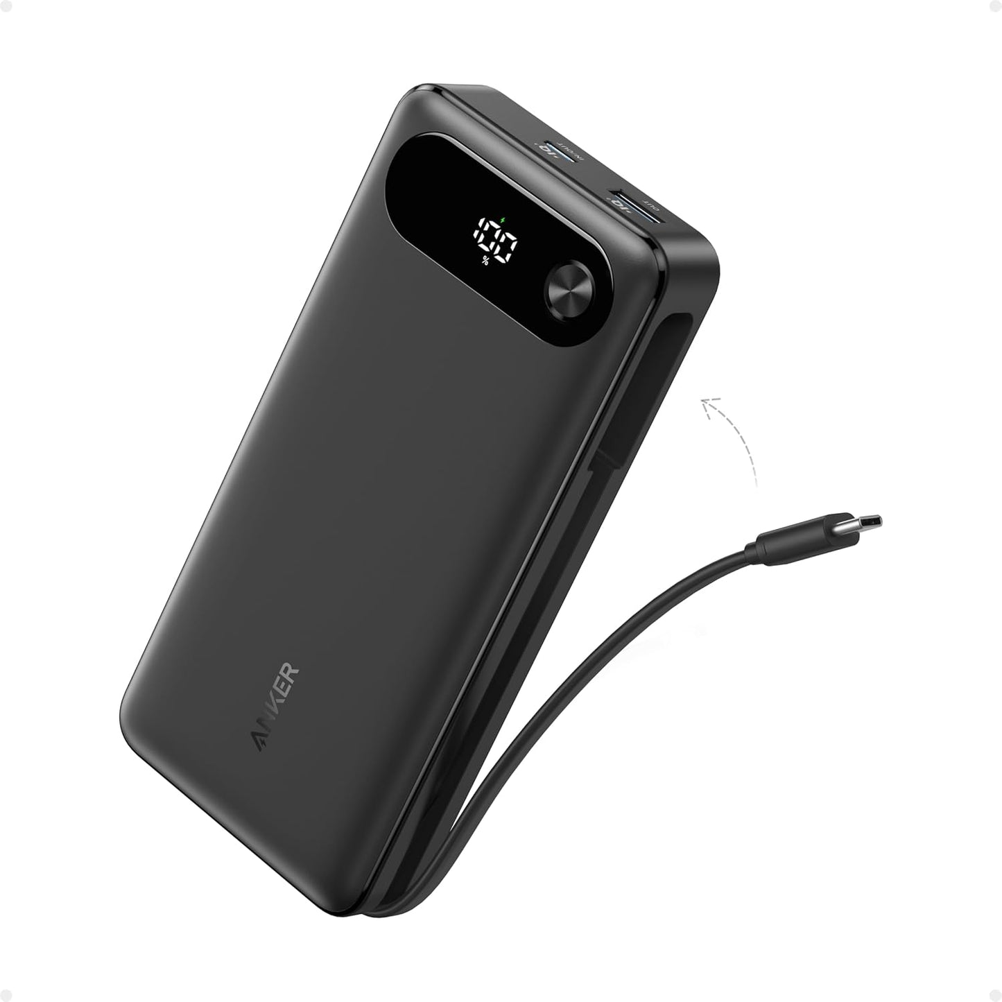 Anker Power Bank, 20,000Mah Portable Charger with Built-In USB-C Cable, 87W Max Fast Charging Battery, 2 USB-C and 1 USB-A, for Macbook, Iphone 16/15/14 Series, Samsung, Switch, and More