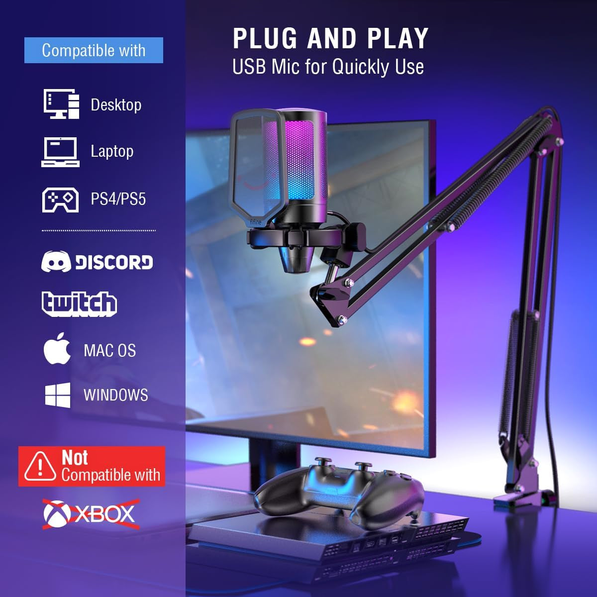FIFINE Gaming PC USB Microphone, Podcast Condenser Mic with Boom Arm, Pop Filter, Mute Button for Streaming, Twitch, Online Chat, RGB Computer Mic for PC Gamer Youtuber-Ampligame A6T
