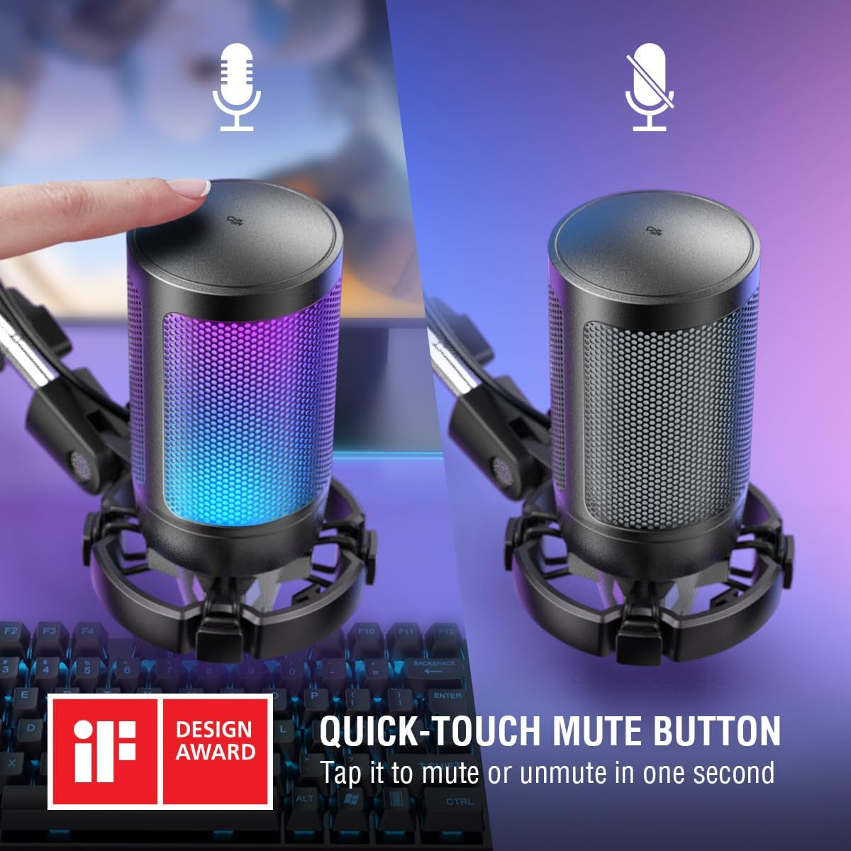 FIFINE Gaming PC USB Microphone, Podcast Condenser Mic with Boom Arm, Pop Filter, Mute Button for Streaming, Twitch, Online Chat, RGB Computer Mic for PC Gamer Youtuber-Ampligame A6T
