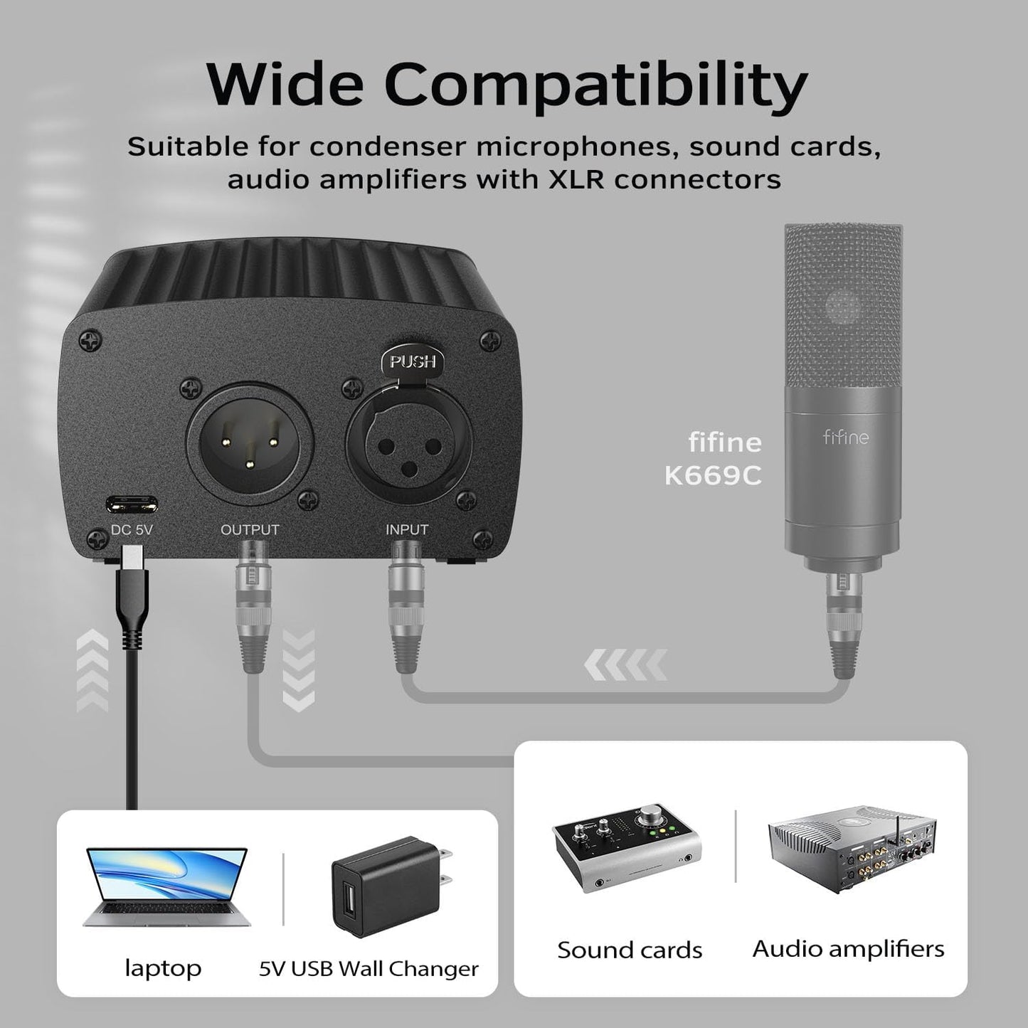 FIFINE 48V Phantom Power with Output/Input, Power Supply for Condenser Microphone, Recording Equipment-Pm48