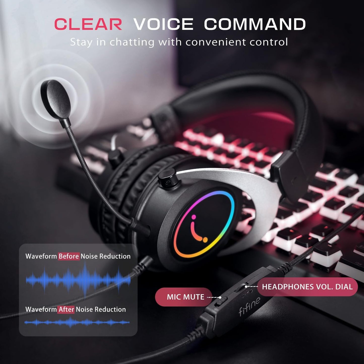 FIFINE RGB Gaming Headsets,Comfortable Over-Ear Headphones with Microphone,Wired Audio Jack Connection,Leather Passive-Noise-Cancelling Earcups,For PC PS4 PS5 Xbox Gamer Ampligame H3