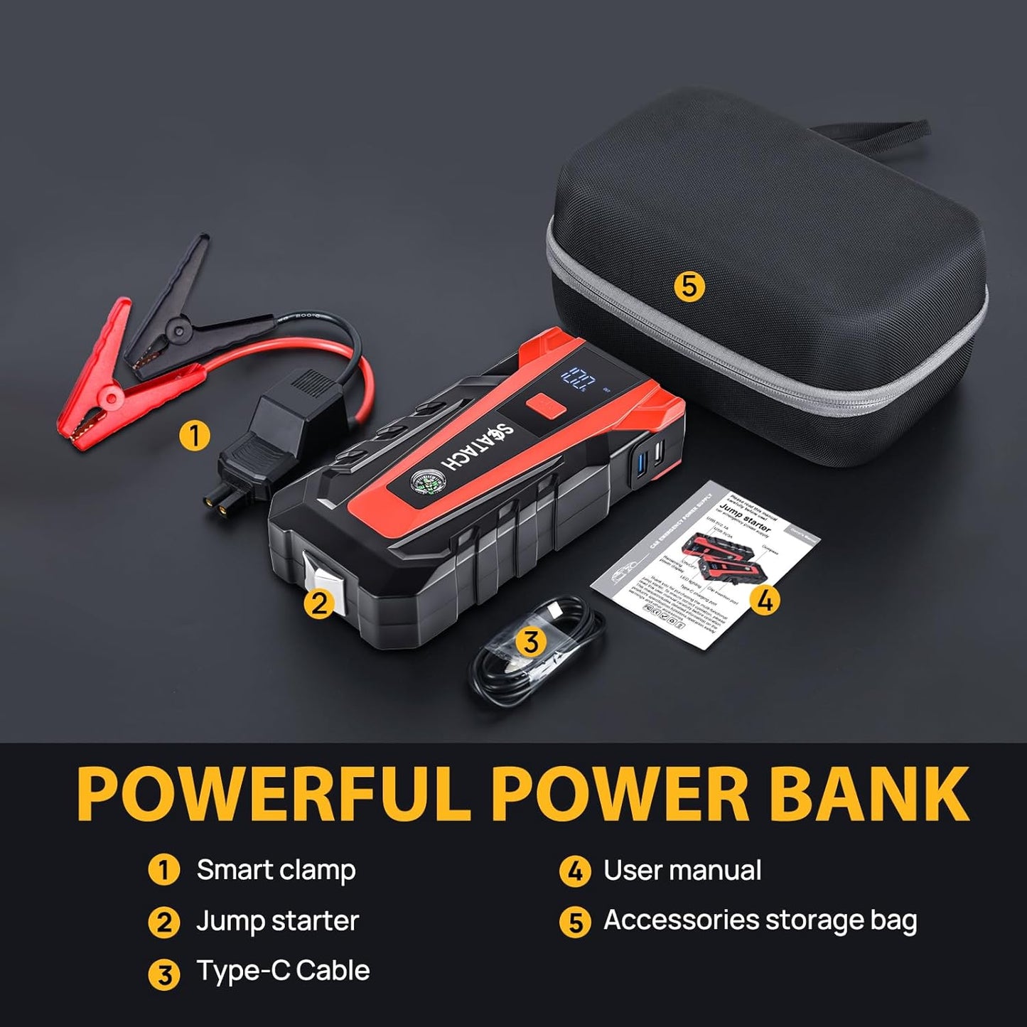 Scatach 011 3000A Car Battery Jump Starter,12V Jump Starter Battery Pack (Up to 9.0L Gasoline and 7.0L Diesel Engine), Portable Jump Box with 3 Modes Flashlight and Jumper Cable