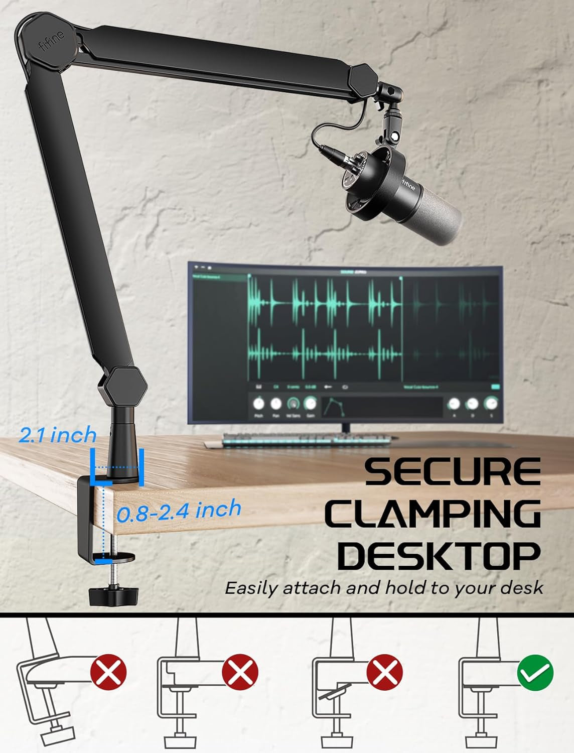 FIFINE Mic Arm Stand, Microphone Boom Arm with Desk Clamp, Cable Channels, 3/8" to 5/8" Threads, Heavy Metal Microphone Stand for Podcast, Vocal Recording, Gaming-Bm66 Black
