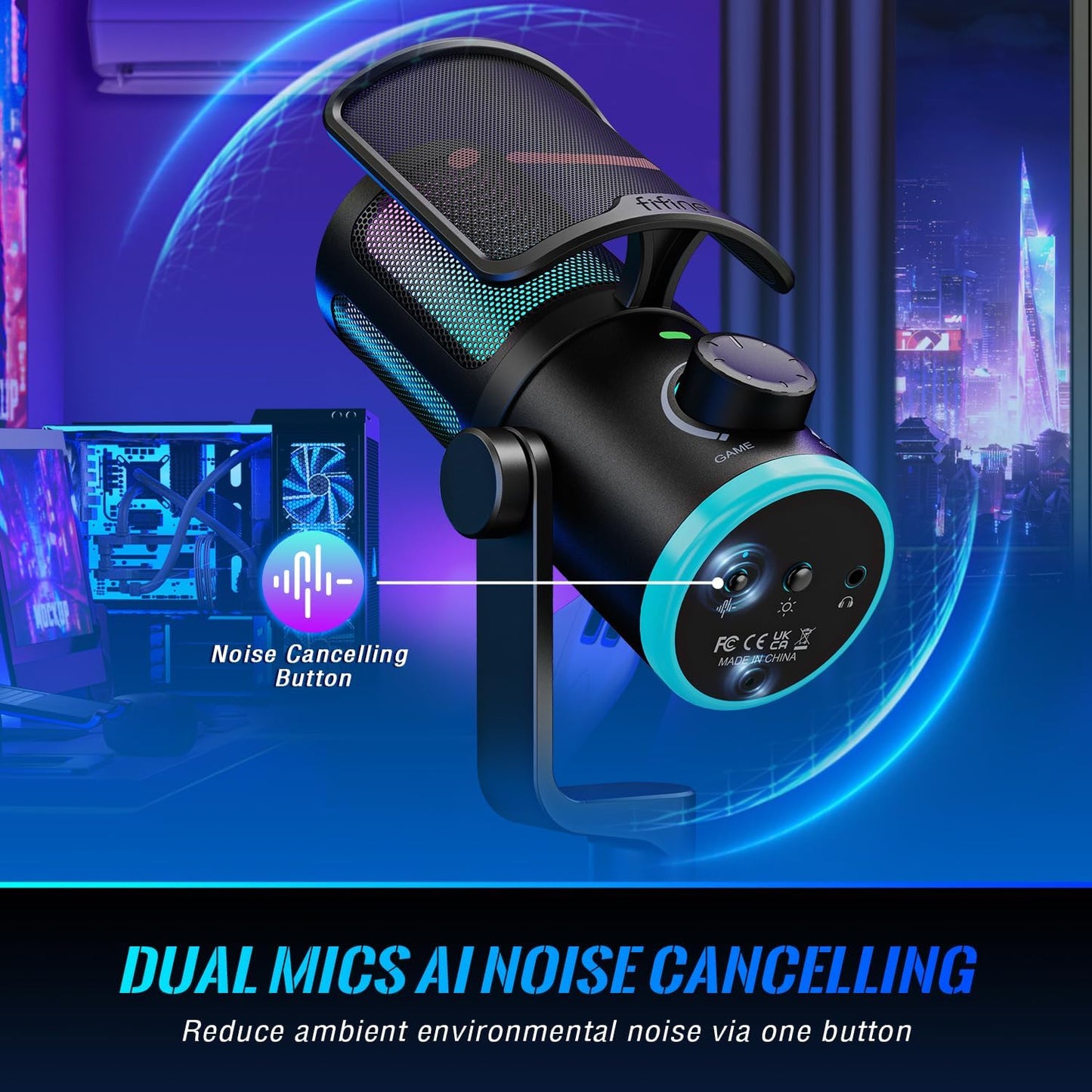 FIFINE Gaming PC Microphone, USB Streaming Microphone with Game Chat Balance, Computer Condenser Desktop RGB Mic with Mute Button, Noise Cancellation for Podcast/Twitch/Discord-Ampligame AM6