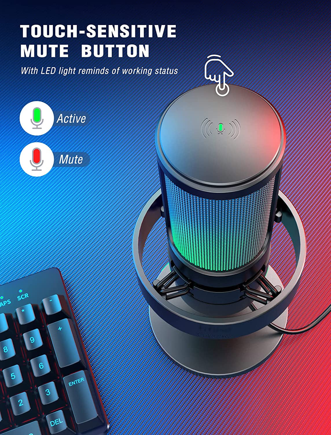 FIFINE Gaming Microphone, USB PC Mic for Streaming, Podcasts, Recording, Condenser Computer Desktop Mic on Mac, with RGB Control, Mute Touch, Headphone Jack, Pop Filter, Stand-Ampligame A8