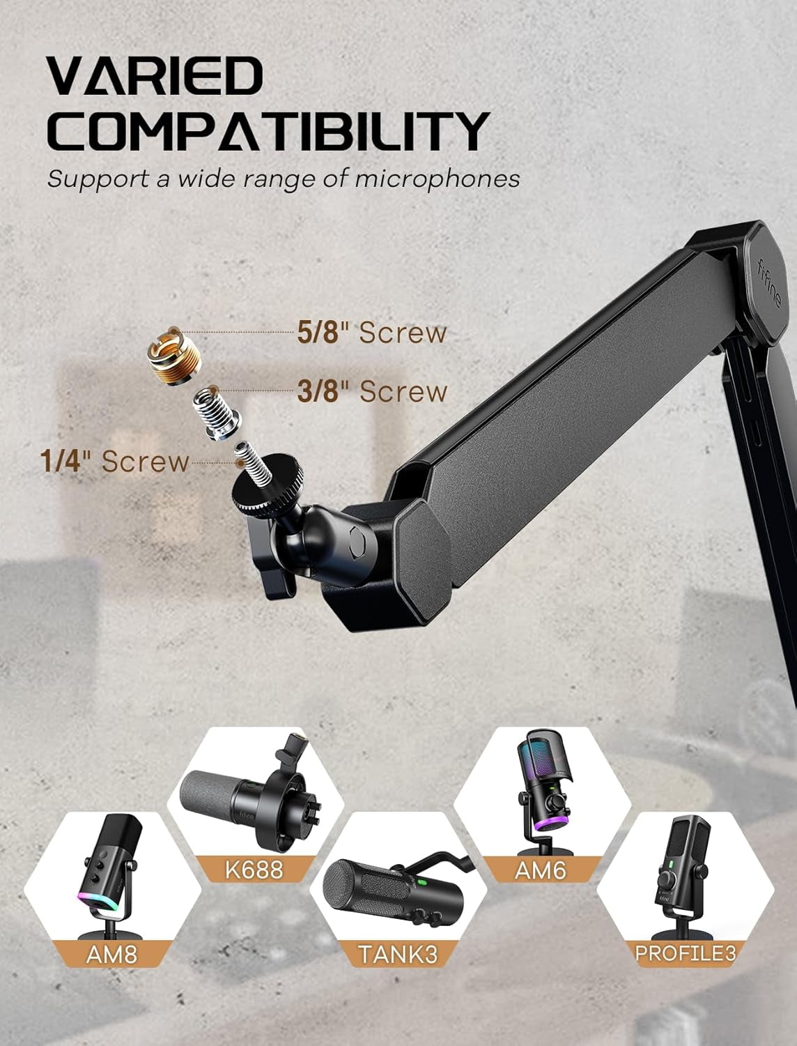 FIFINE Mic Arm Stand, Microphone Boom Arm with Desk Clamp, Cable Channels, 3/8" to 5/8" Threads, Heavy Metal Microphone Stand for Podcast, Vocal Recording, Gaming-Bm66 Black