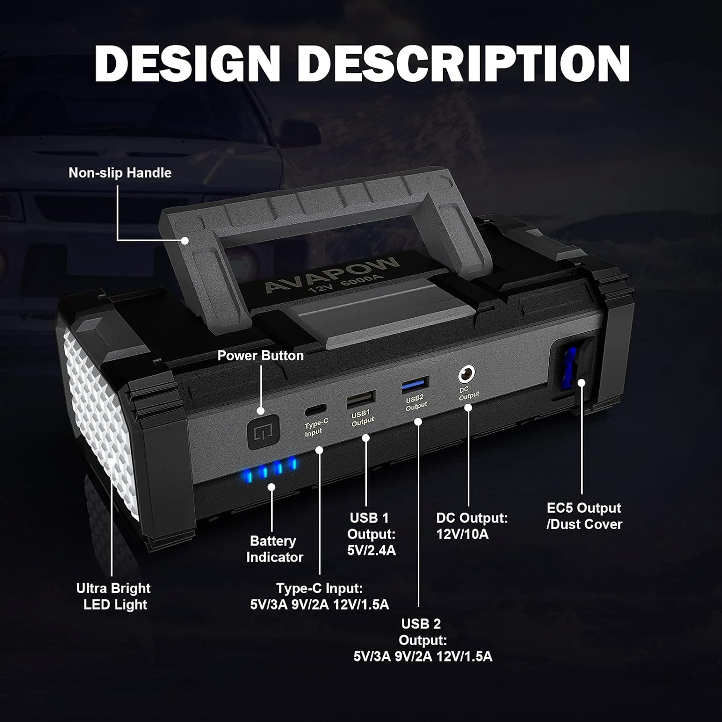 AVAPOW 6000A Car Battery Jump Starter(For All Gas or up to 12L Diesel) Powerful Car Jump Starter with Dual USB Quick Charge and DC Output,12V Jump Pack with Built-In LED Bright Light