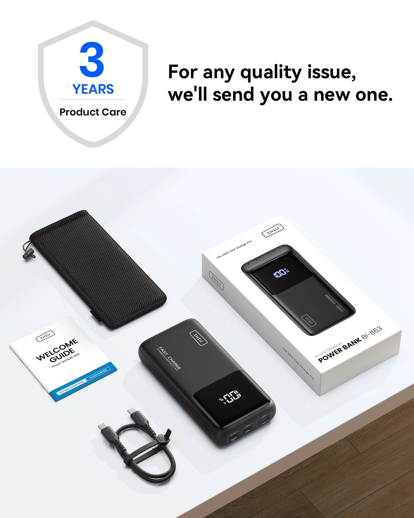 Power Bank INIU B63 25.000 mAh 100W con Display LED y Soporte Integrado