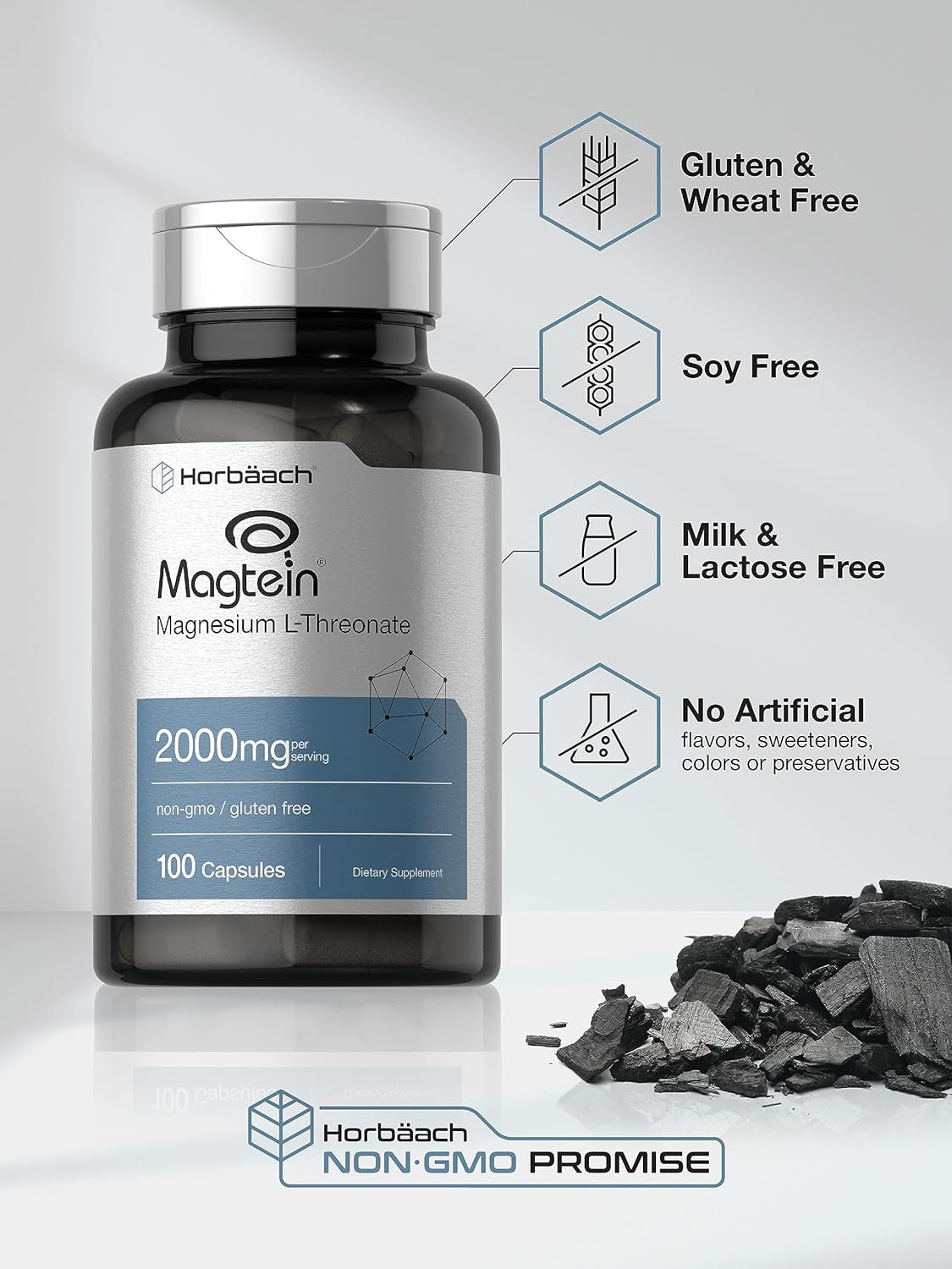 Horbäach Magtein Magnesium L-Threonate | 2000Mg Supplement | 100 Capsules | for Men & Women | Non-Gmo and Gluten Free