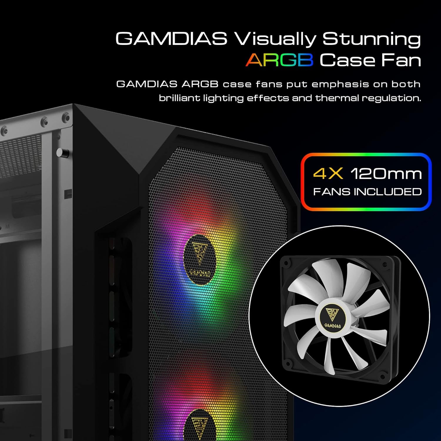 GAMDIAS ATX Mid Tower Gaming Computer PC Case with Side Tempered Glass, 4X 120Mm ARGB Case Fans and Sync with 5V RGB Motherboard